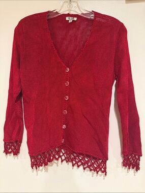 Vintage 90s The Look Newport Beach Red Knit Crochet Fringe Cardigan